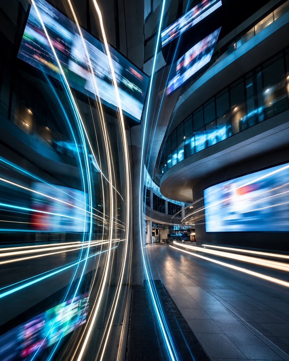Light trails through a modern media and broadcast building
