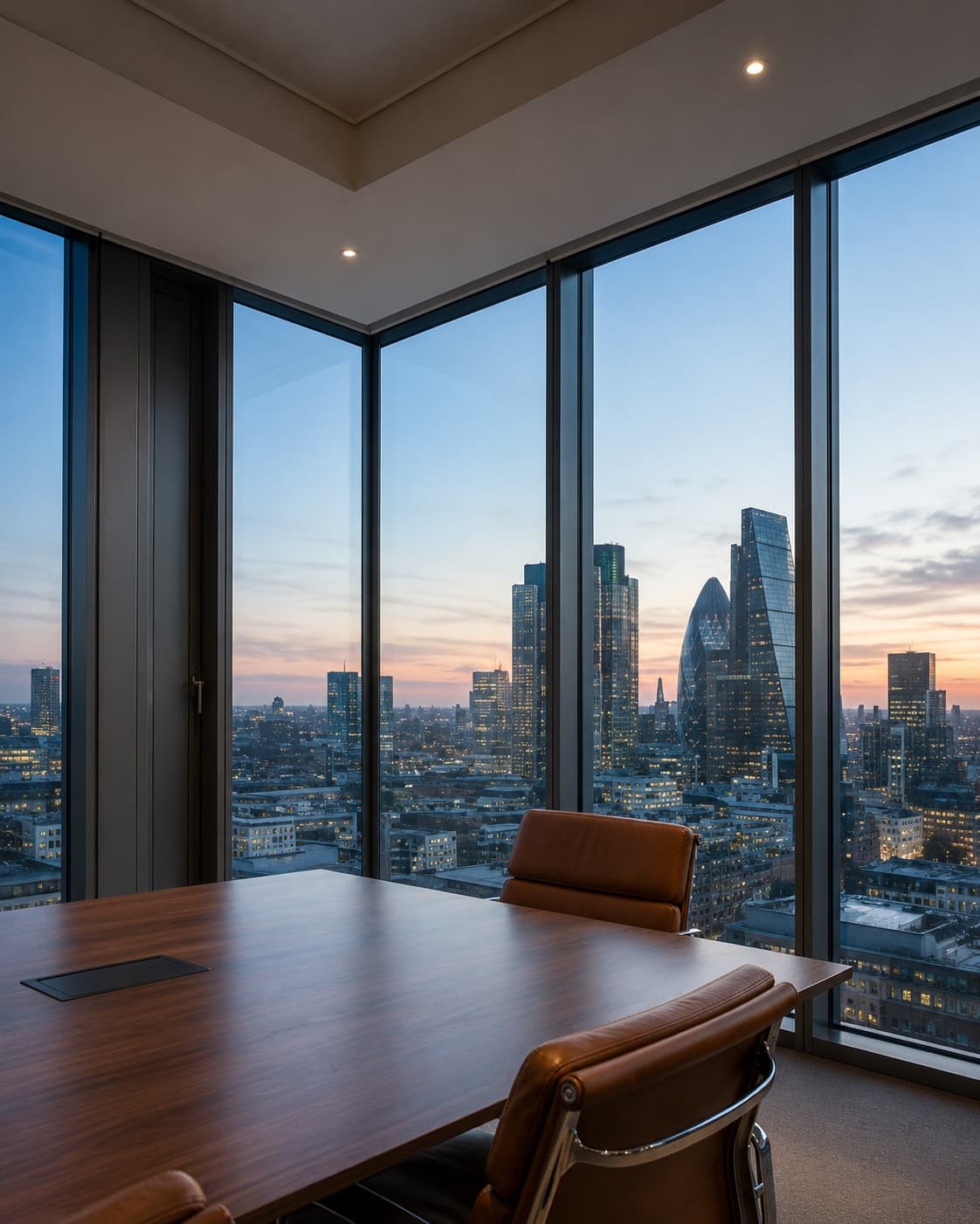 A boardroom overlooking the City of London skyline at dusk